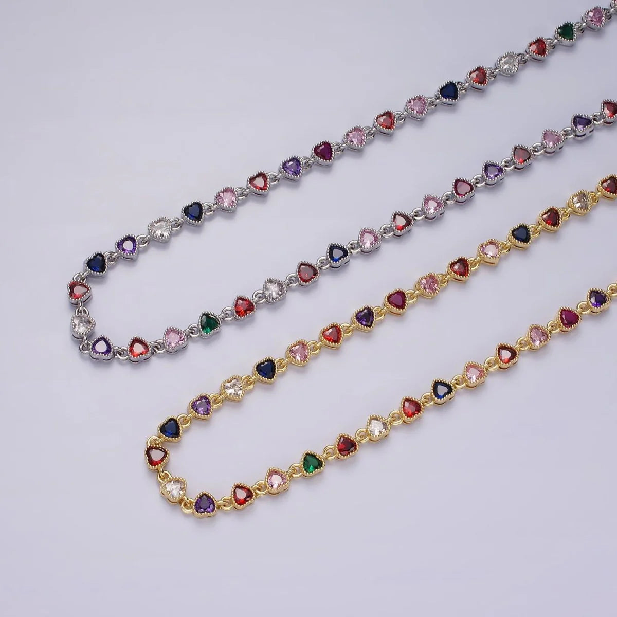 CZ Multicolor Heart Bezel 15 Inch Necklace in Gold & Silver CN-21WA2245 CN-21WA2246
