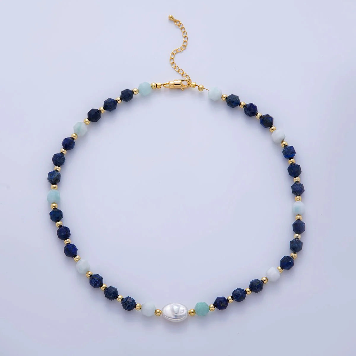 Freshwater Pearl Aquamarine Lapis Lazuli Multifaceted Gemstone 16.5 Inch Necklace CN-21WA3178