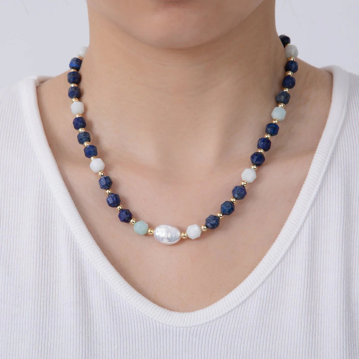 Freshwater Pearl Aquamarine Lapis Lazuli Multifaceted Gemstone 16.5 Inch Necklace CN-21WA3178