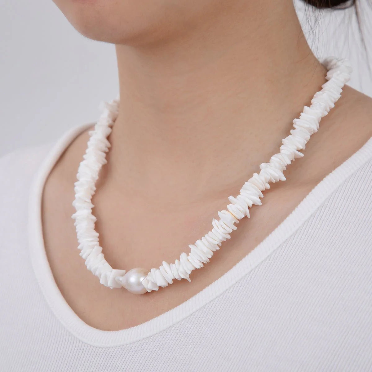 White Baroque Freshwater Pearl Puka Shell 17 Inch Necklace CN-21WA3180
