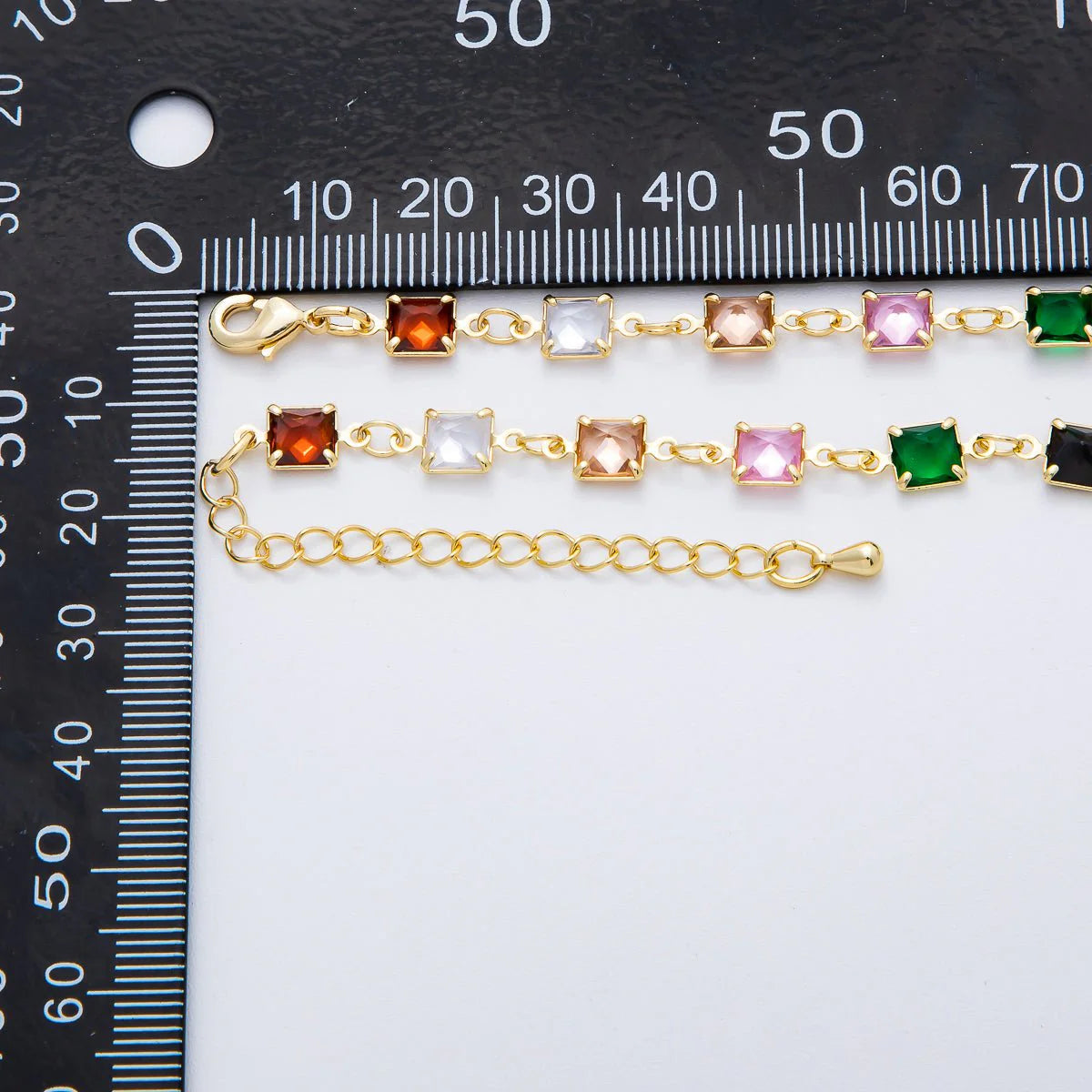 18K Gold Filled 5.7mm Multicolor Square CZ Chain 19 Inch Lariat Necklace W.Extender ✦ NC-21WA3274