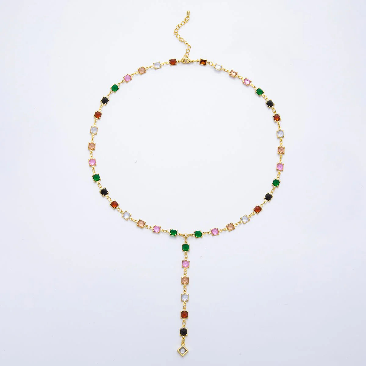 18K Gold Filled 5.7mm Multicolor Square CZ Chain 19 Inch Lariat Necklace W.Extender ✦ NC-21WA3274