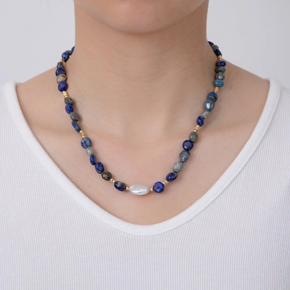 Freshwater Pearl Lapis Lazuli Gemstone 15.8 Inch Necklace CN-21WA3177