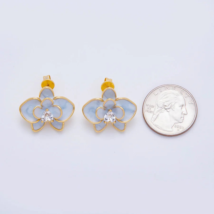Heart-Shaped CZ Enamel Bloom Orchid Floral Studs Earrings in Blue & Pink EA-21AJ196 EA-21AJ197