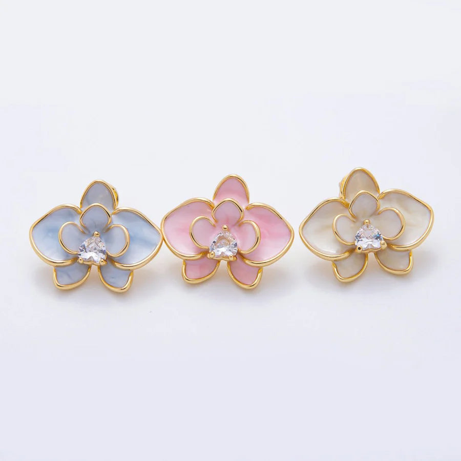 Heart-Shaped CZ Enamel Bloom Orchid Floral Studs Earrings in Blue & Pink EA-21AJ196 EA-21AJ197