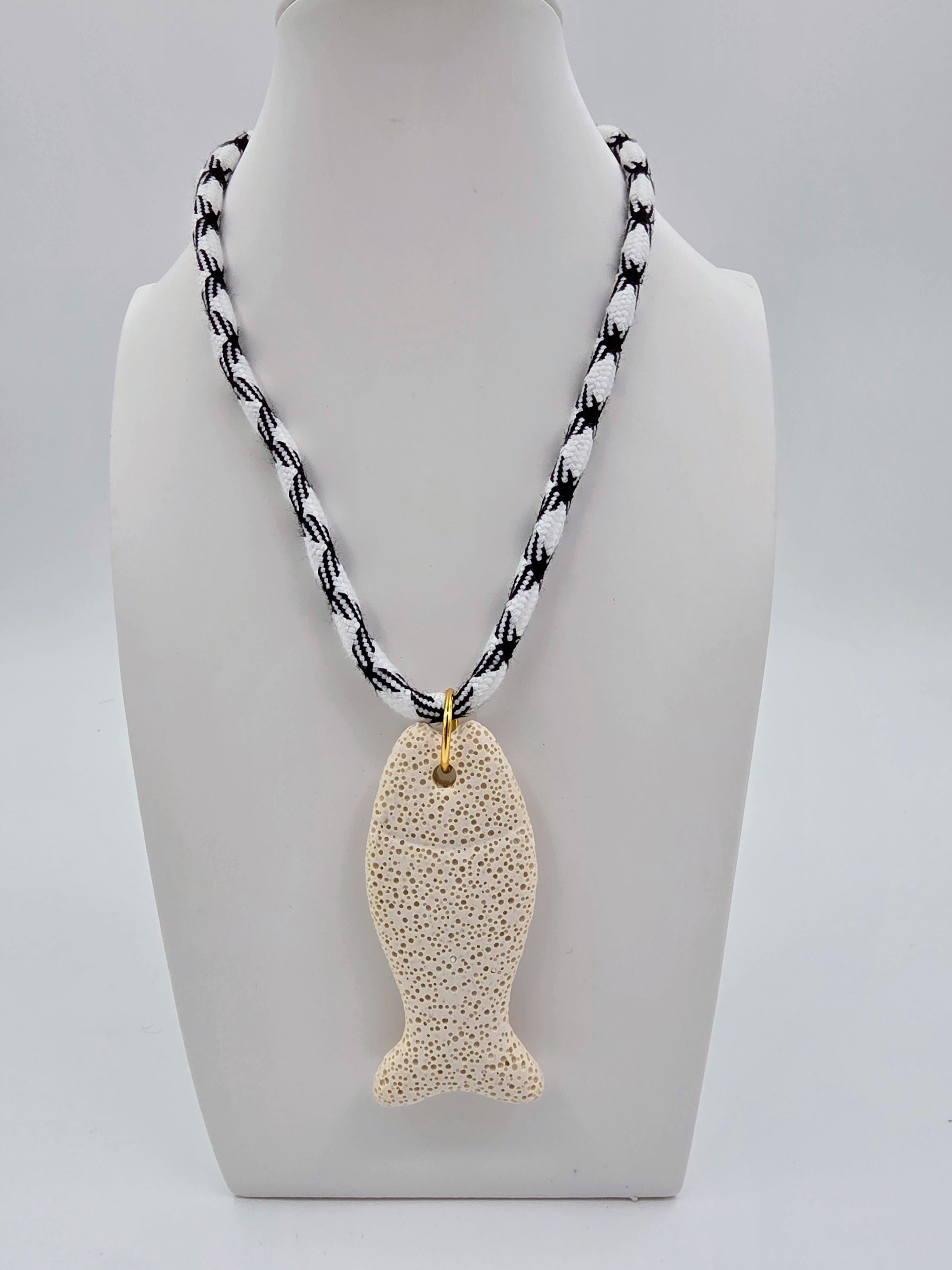 Beige Stone Fish Black White Cord 15.5-Inch Necklace CDESIGN-00540