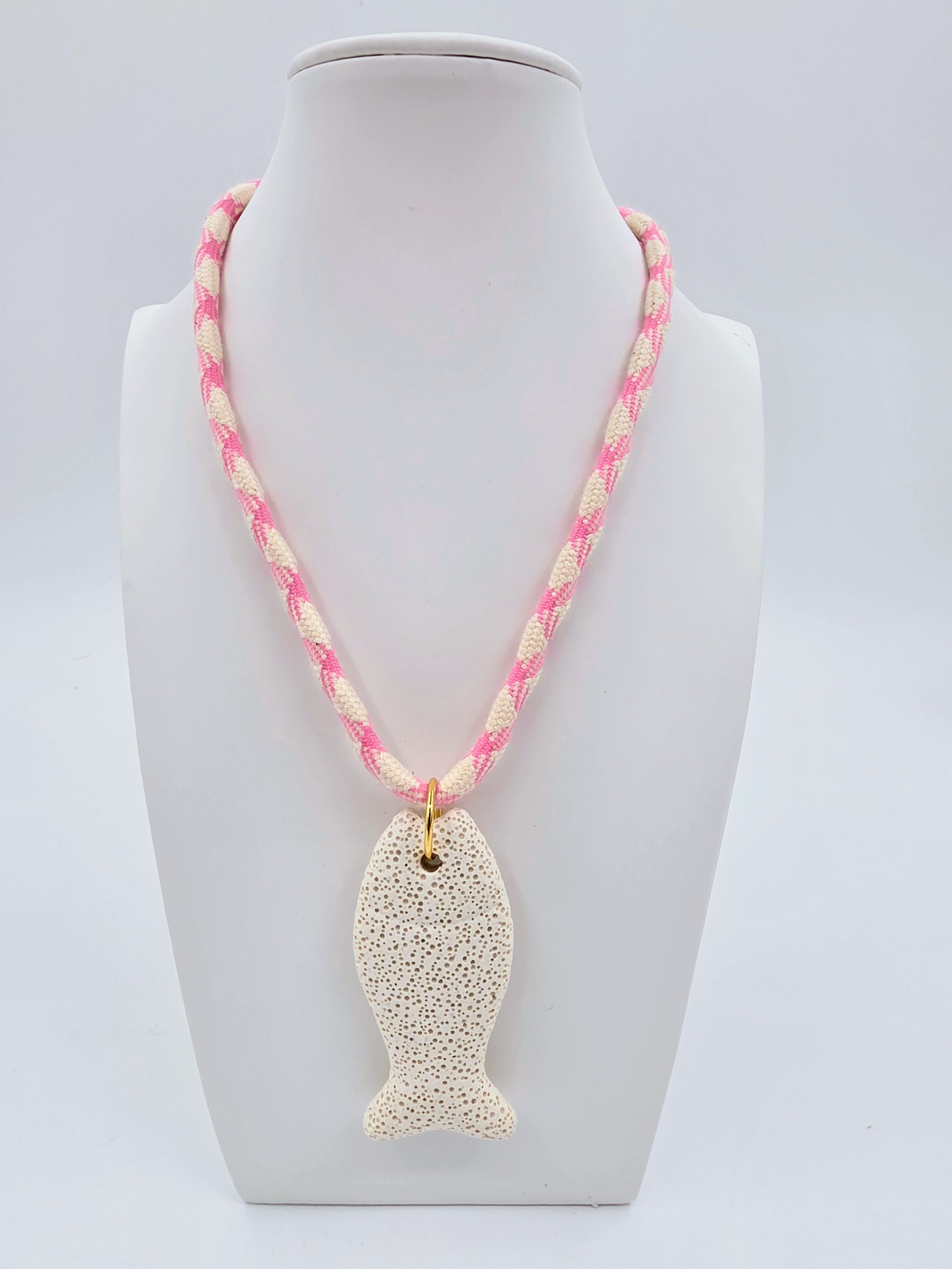 Beige Volcano Stone Fish Light Pink Beige Cord 15.5-inch Necklace CDESIGN-00546