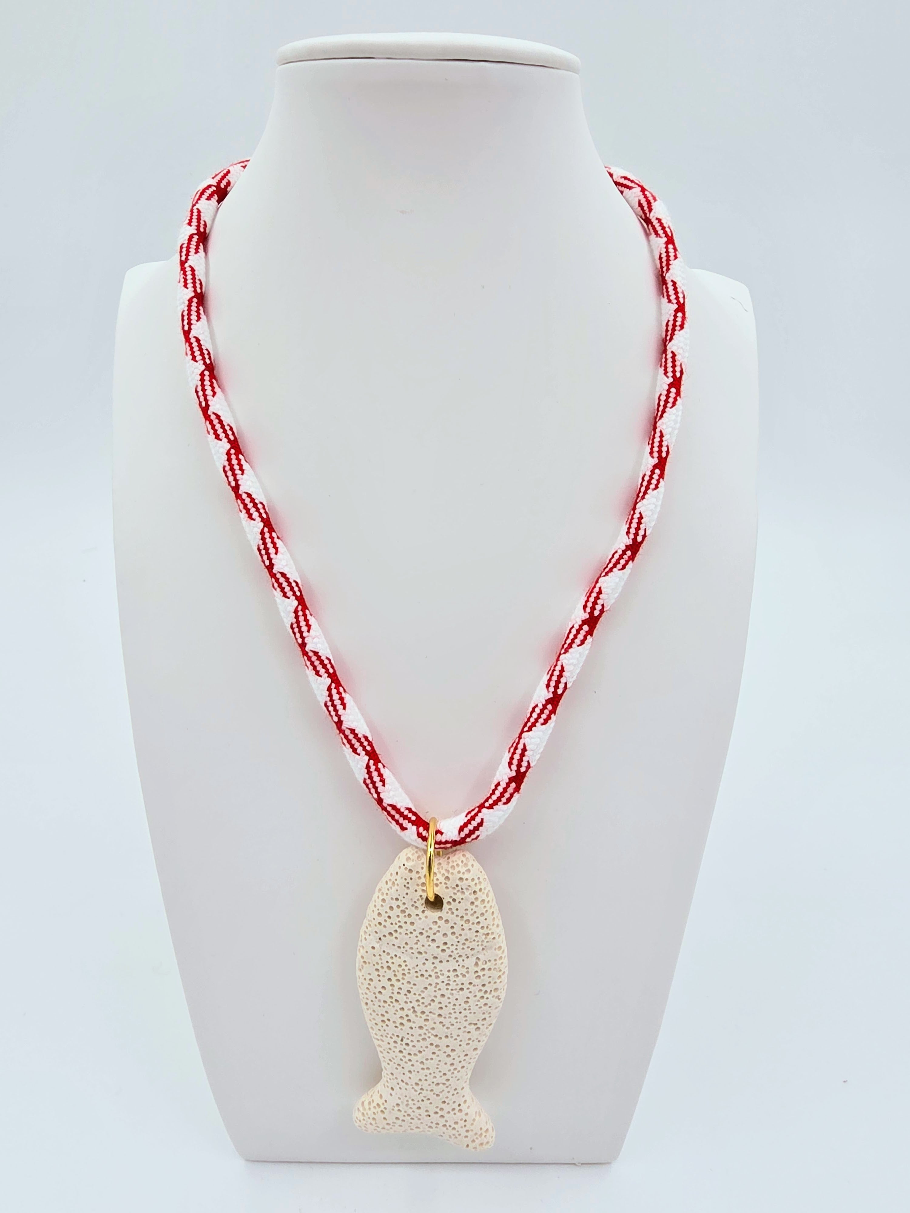 Beige Pumice Stone Fish Red White Cord 15.5-inch Necklace CDESIGN00545