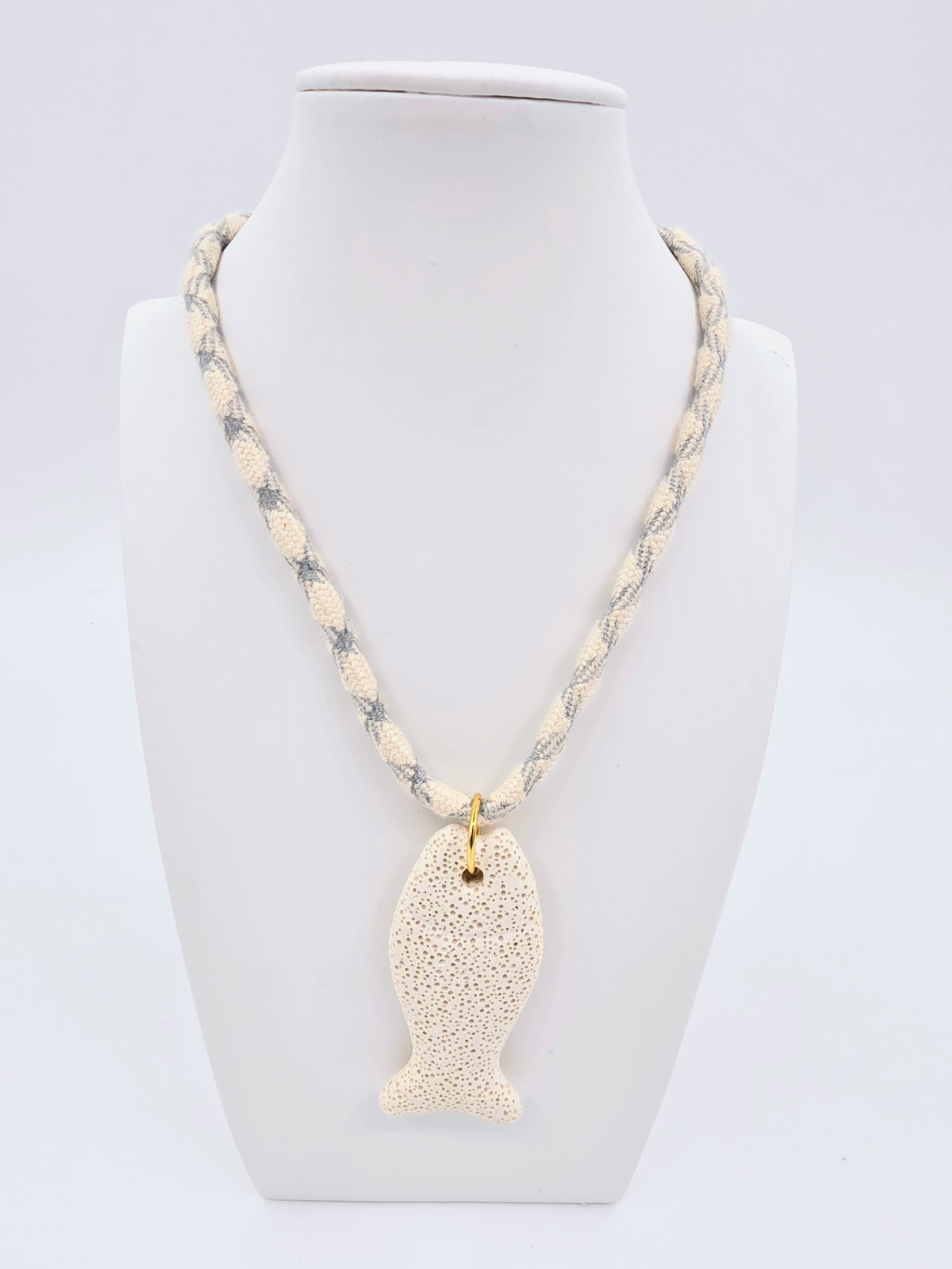 Beige Stone Fish Grey, Beige Cord 15.5-Inch Necklace CDESIGN-00543