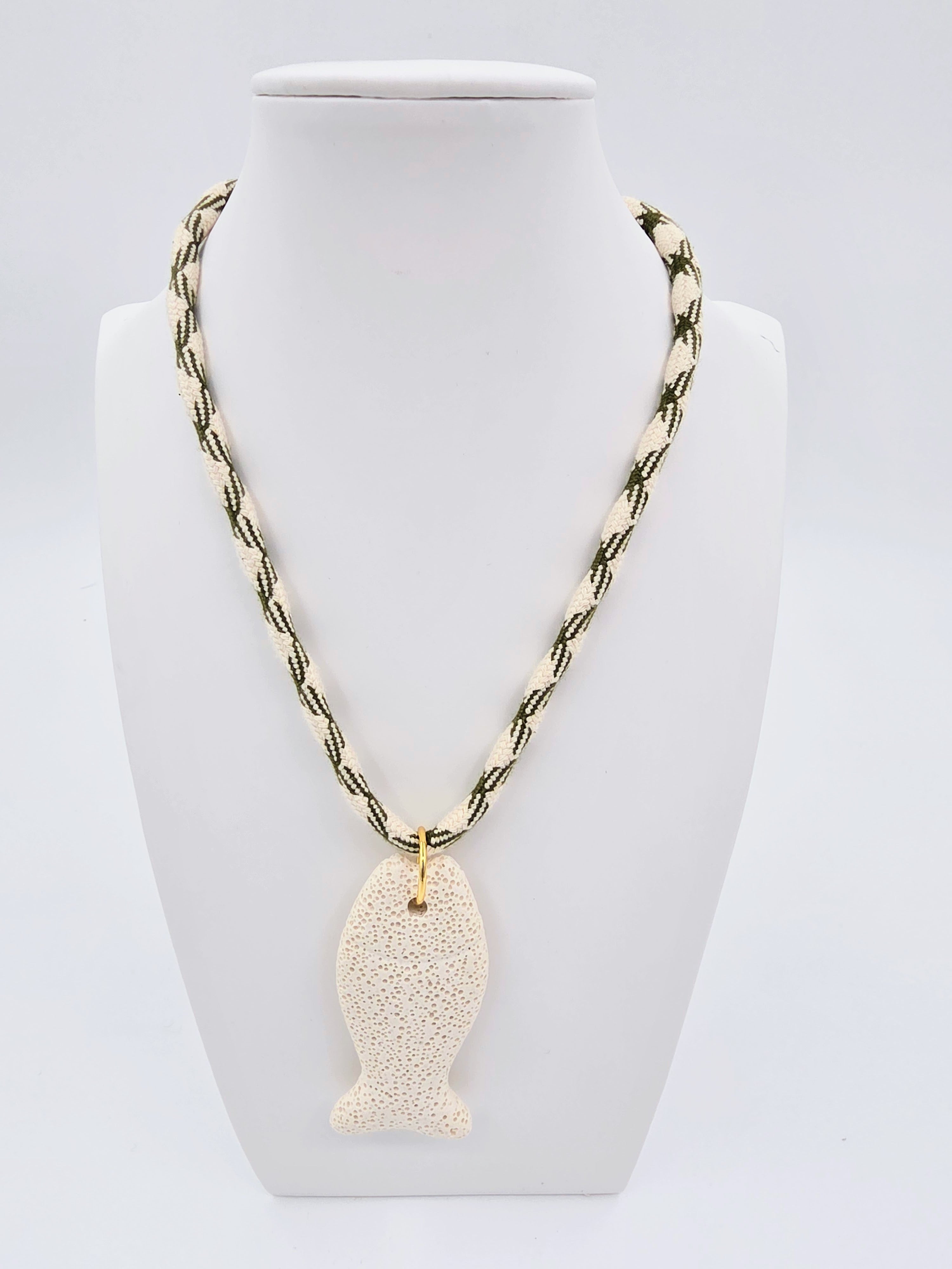 Beige Stone Fish Olive Green Beige Cord 15.5-Inch Necklace CDESIGN-00542