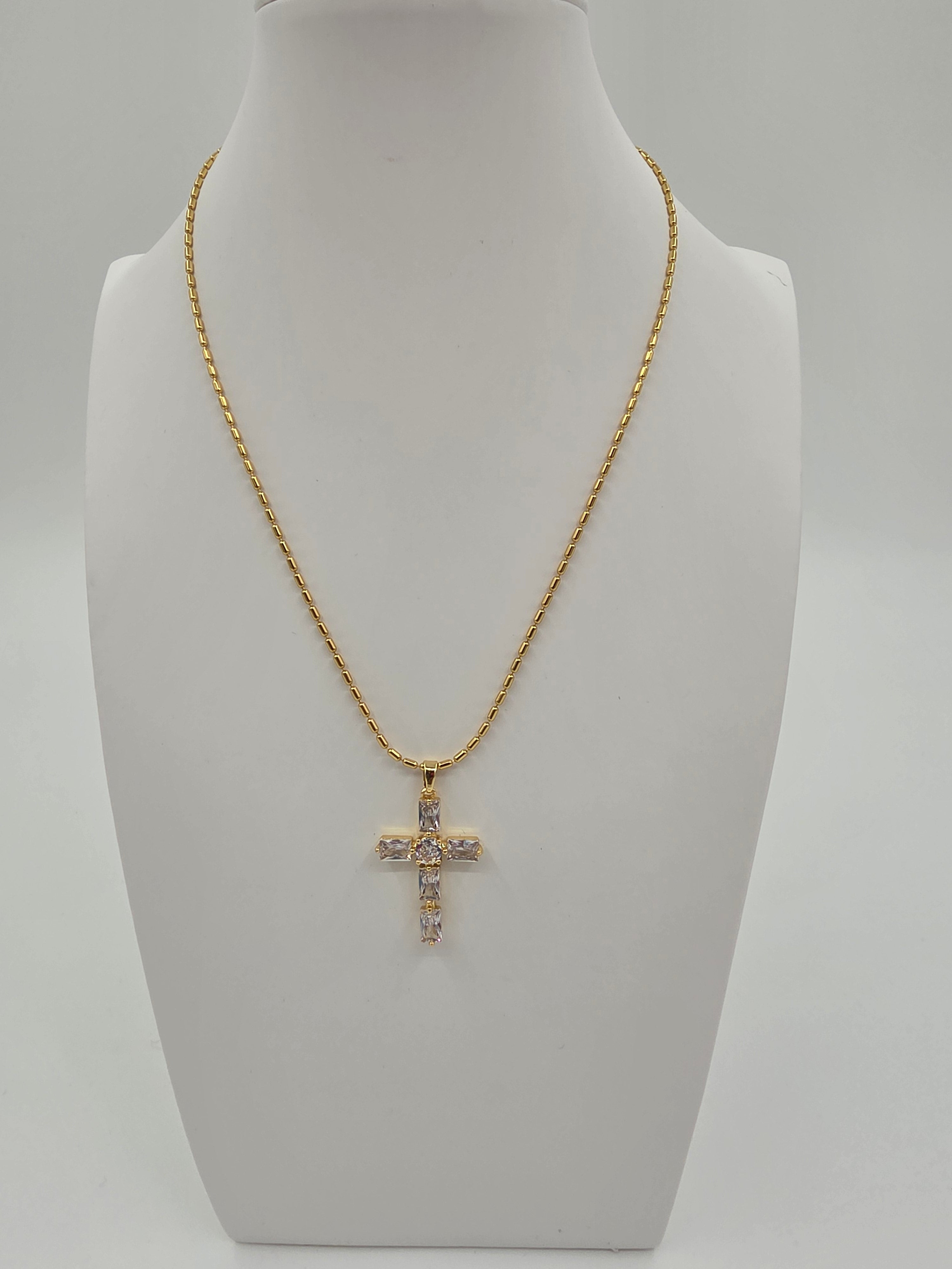 Clear Baguette Cross Cable Chain 15.5-Inch Necklace CDESIGN-00495