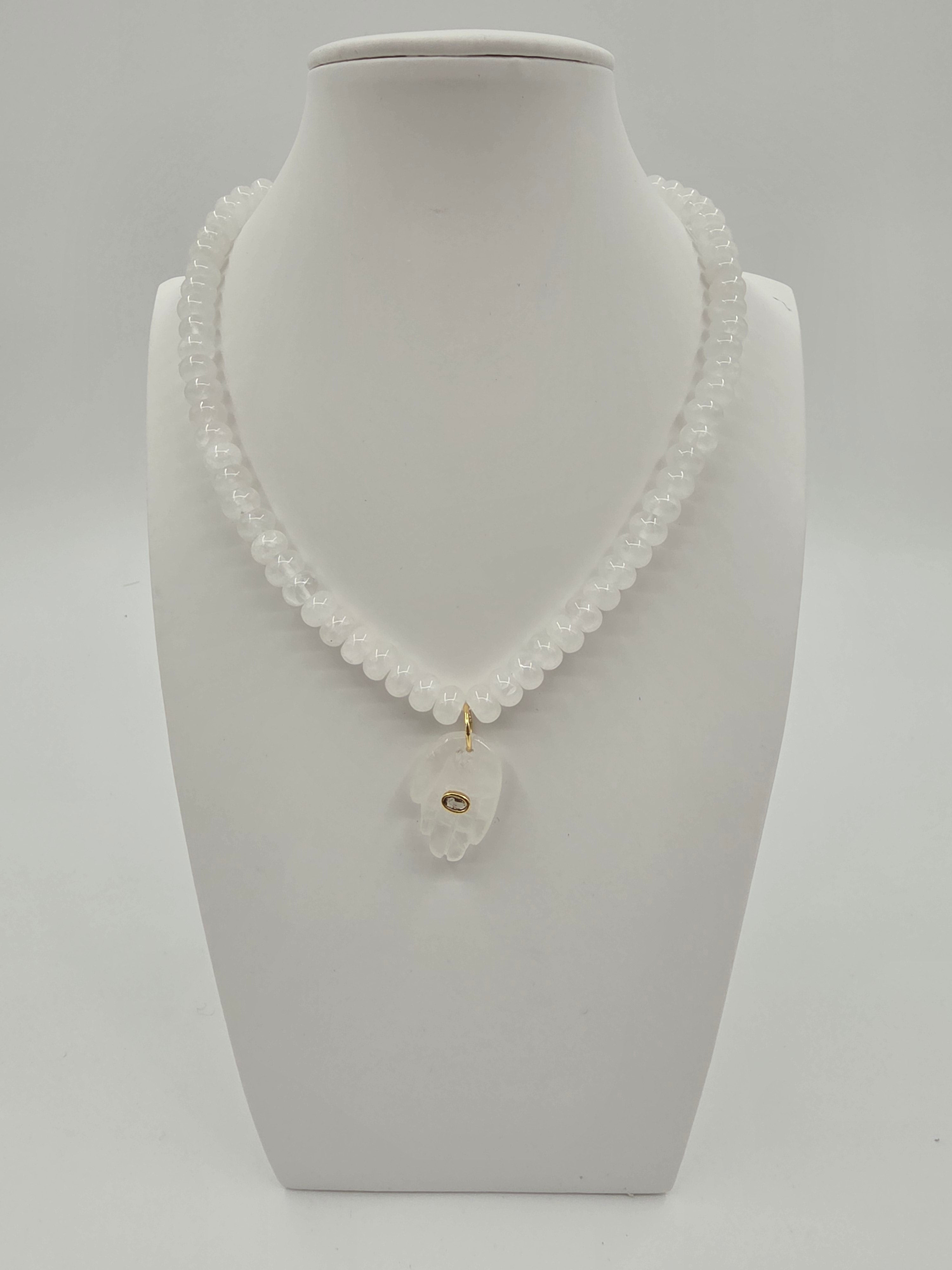 White Beaded Hamsa Hand Stone 16-inch Necklace CDESIGN-00550