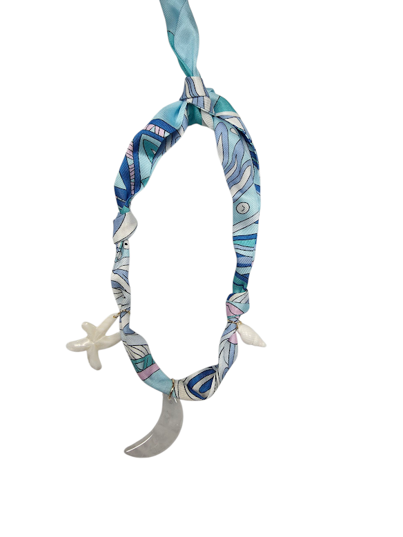 White Quartz Blue Geometric Flower Soft Faux Silk Bandana Scarf Necklace NC-2010