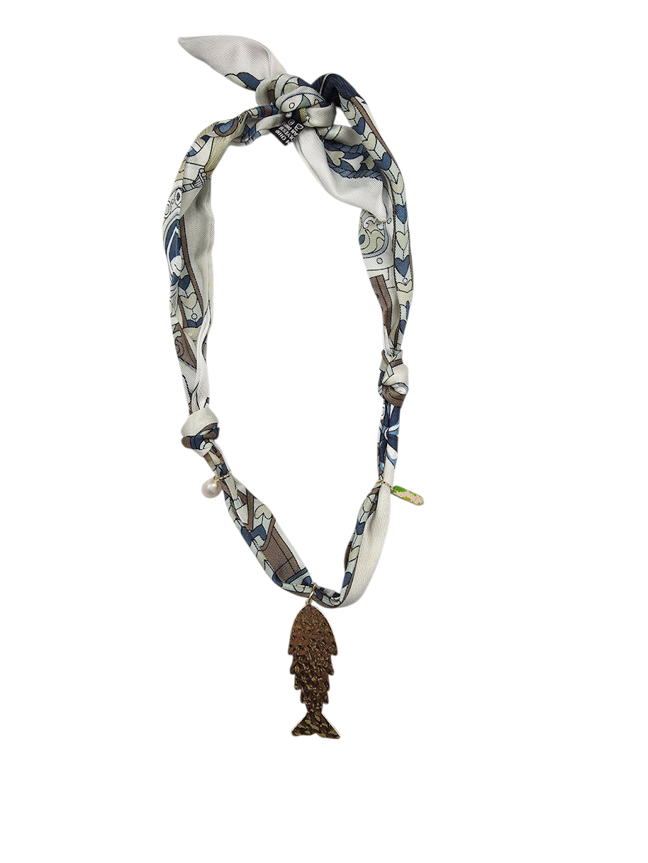 Goldfish Tan Blue Geometric Flower Soft Faux Silk Bandana Scarf Necklace Pattern NC-2008