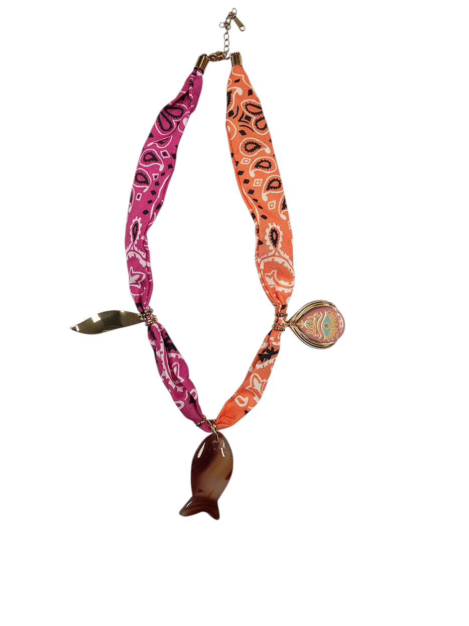 Red Jasper Fish Gemstone Orange/Pink Bandana Scarf Necklace NC-2007