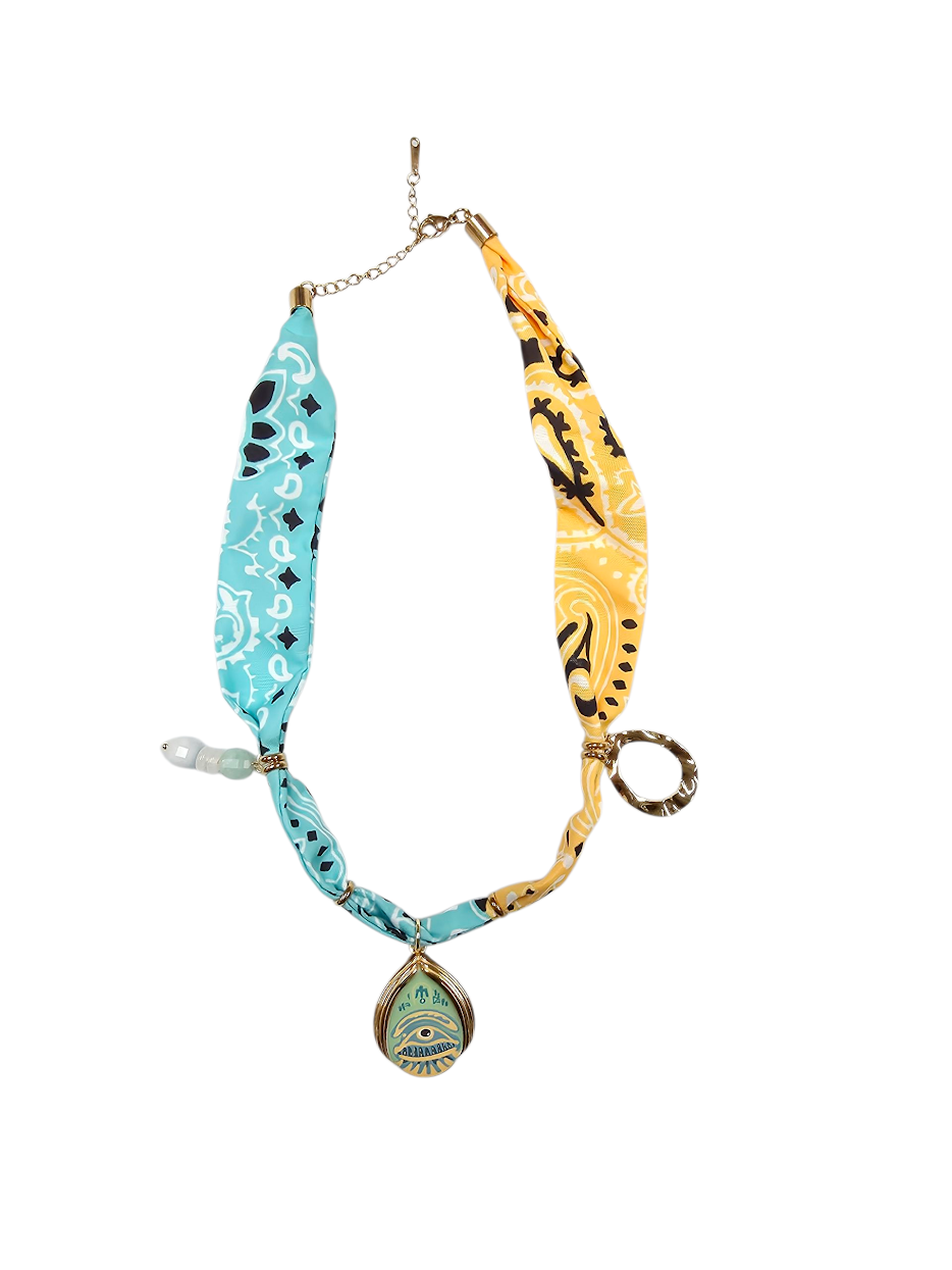 Evil Eye Aqua and Yellow Bandana Scarf Necklace NC-2014