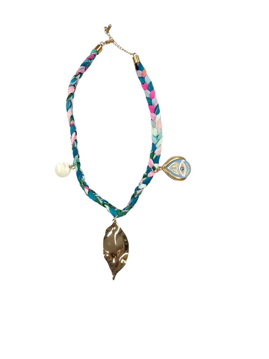 Evil Eye Gold Leaf Braided Blue-Pink Scarf Necklace NC-2013