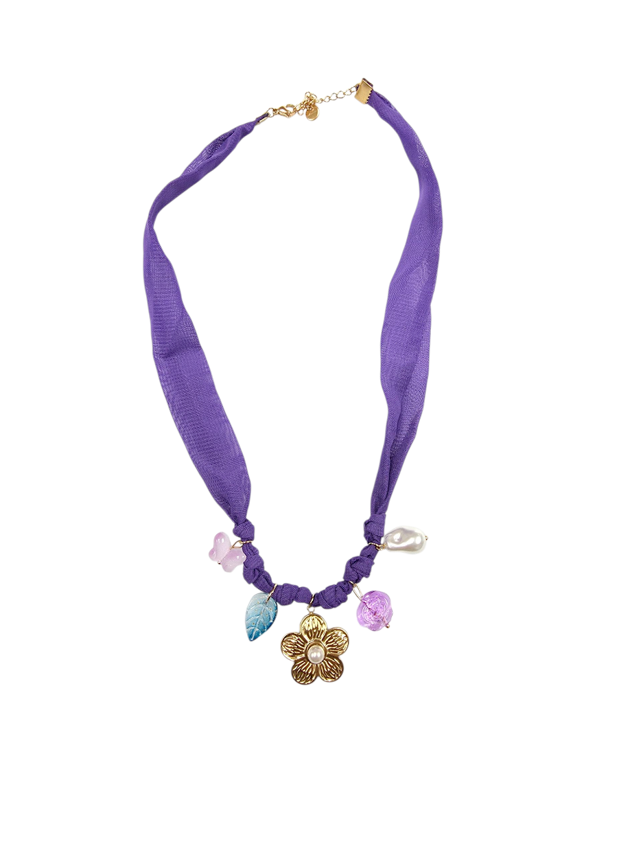Purple Sheer Scarf necklace with flower pendant NC-2051