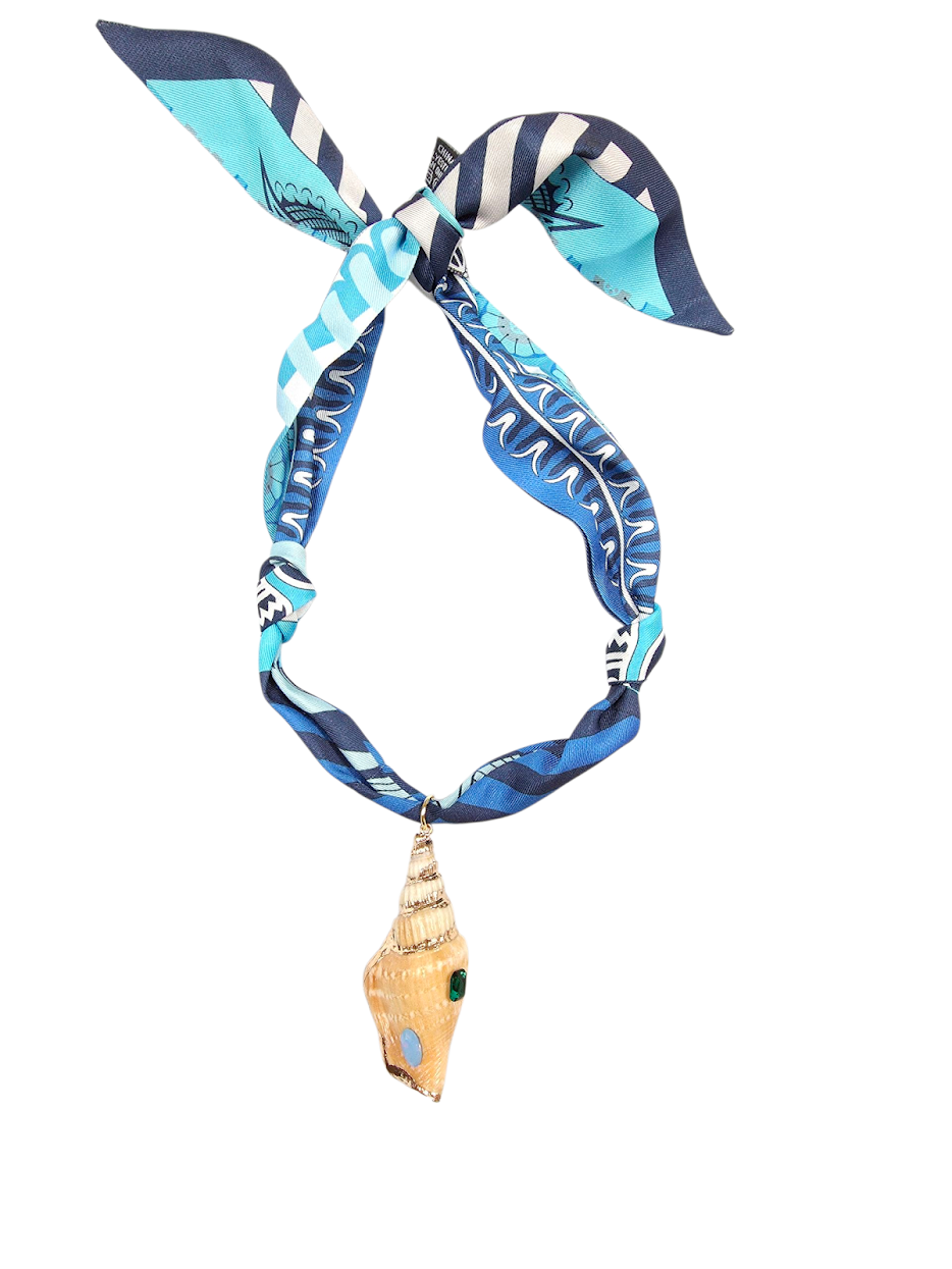 Gold Seashell White and Blue Silk Scarf Necklace NC-2016