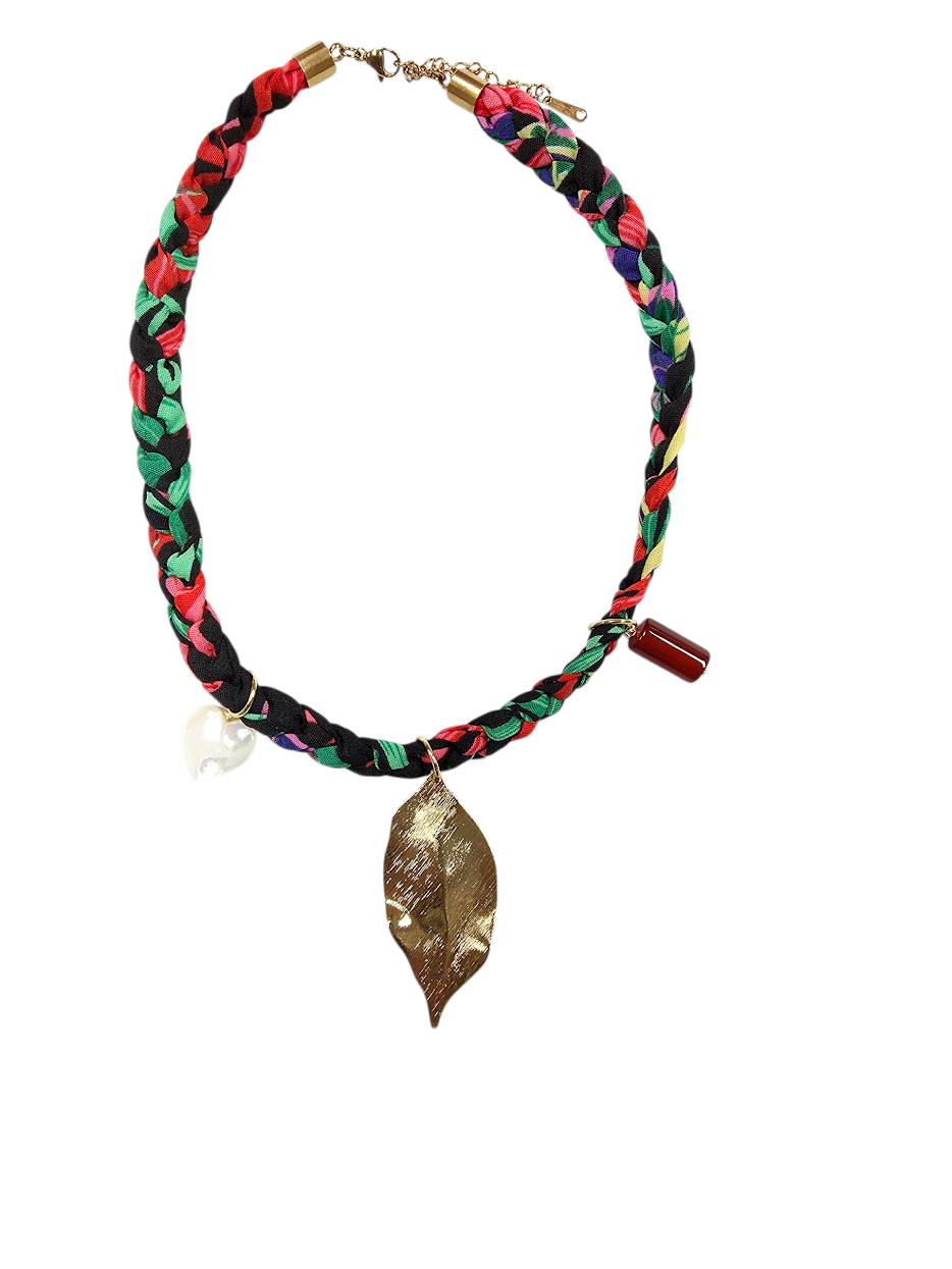 Black floral braided scarf necklace with leaf pendant NC-2019