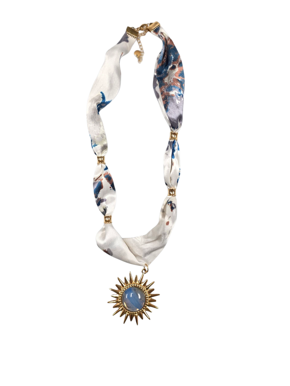 Sun Gold Blue White, Blue and Brown Silk Scarf Necklace NC-2027
