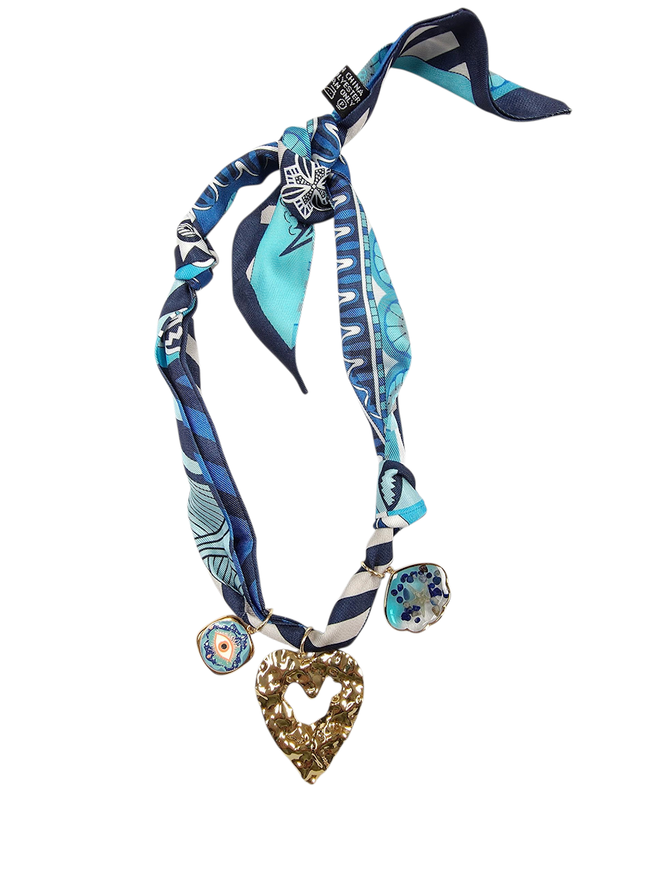 Blue scarf necklace with hammered heart charm NC-2023