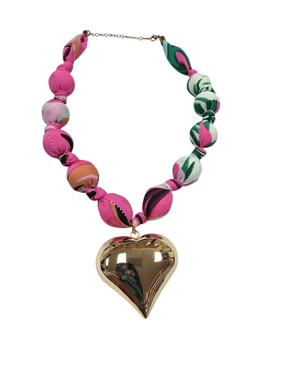 Chunky Gold Heart Cotton Bead Tropical Scarf Necklace NC-SJ2065