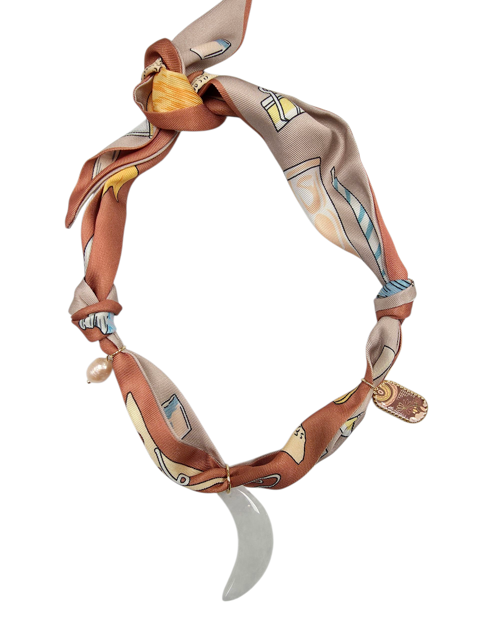 Clear Moon Quartz Brown Geometric Flower Soft Faux Silk Bandana Scarf Necklace NC-2022
