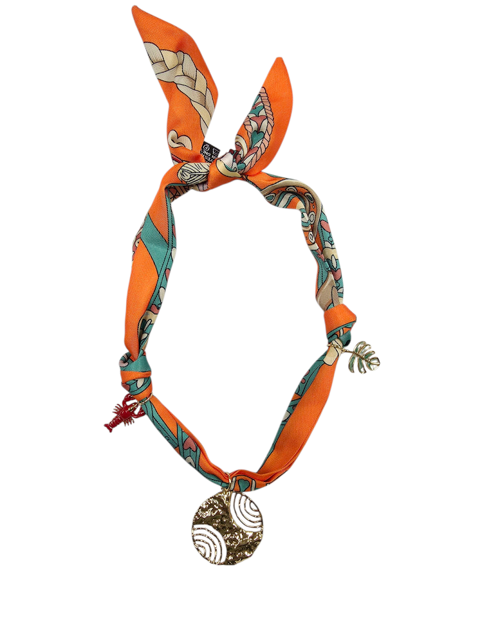 Minimalist Hammered Circle, Lobster and Monstera Leaf Charm Orange Silk Scarf Necklace NC-2028