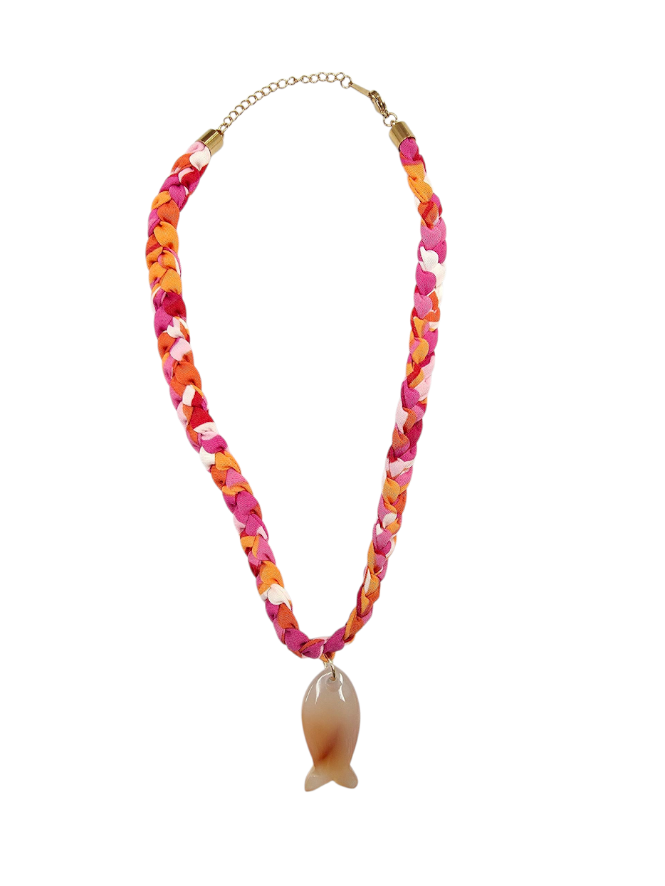 Fish Gemstone Pink, Orange, White Braided Scarf NC-2042