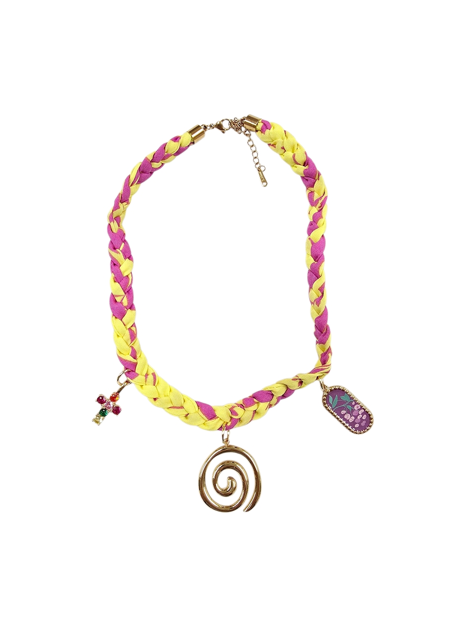 Yellow and pink braided necklace with gold swirl pendant NC-2041