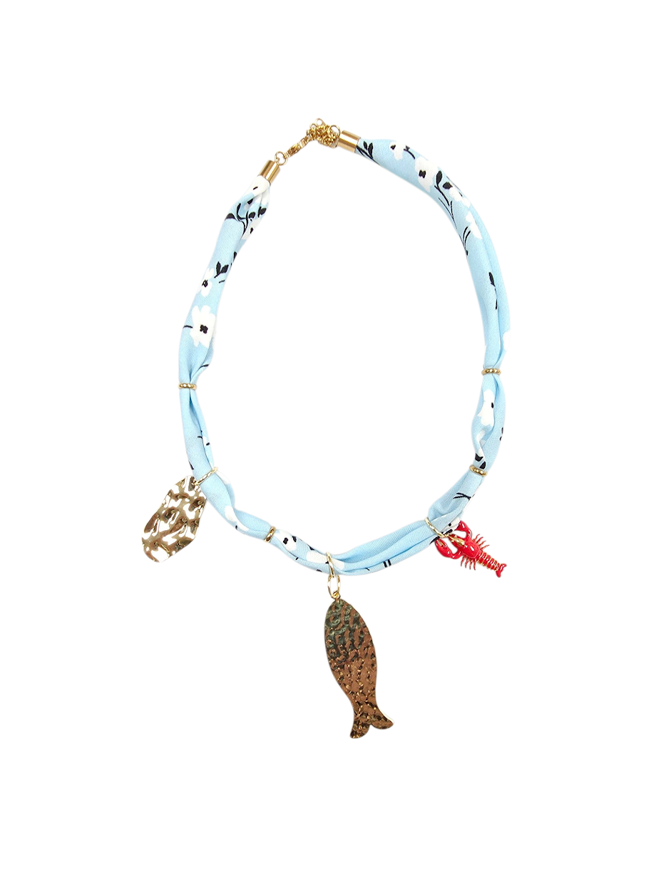 Gold Hammered Fish, Lobster, Hammered Charm Light Blue Floral Scarf Necklace NC-2040