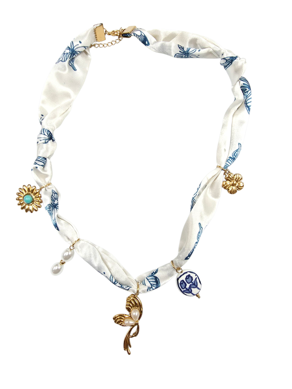 White and blue silk scarf necklace with pendants NC-2037
