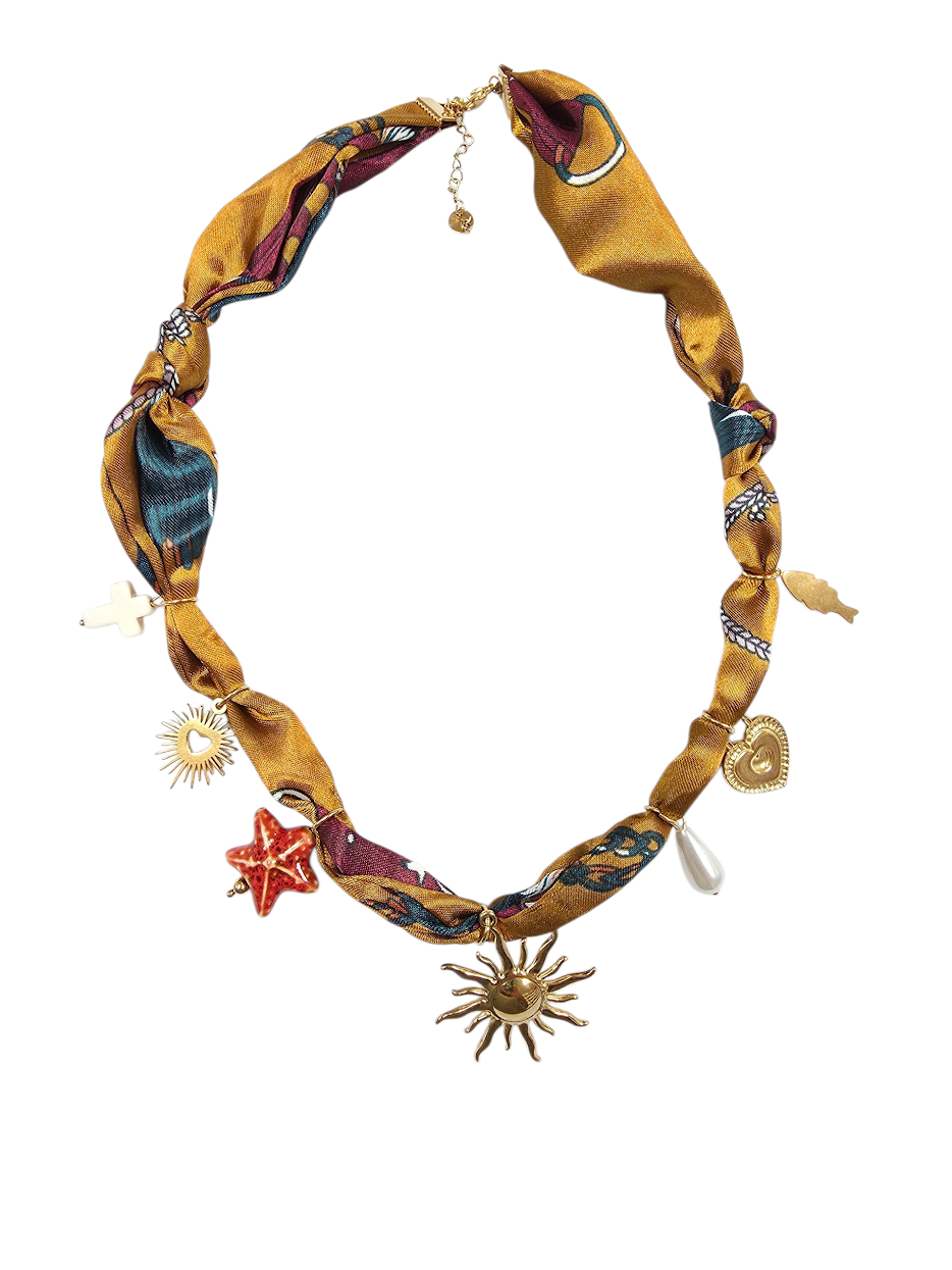 Golden Bronze Silk Scarf Necklace Sun Pendant NC-2036