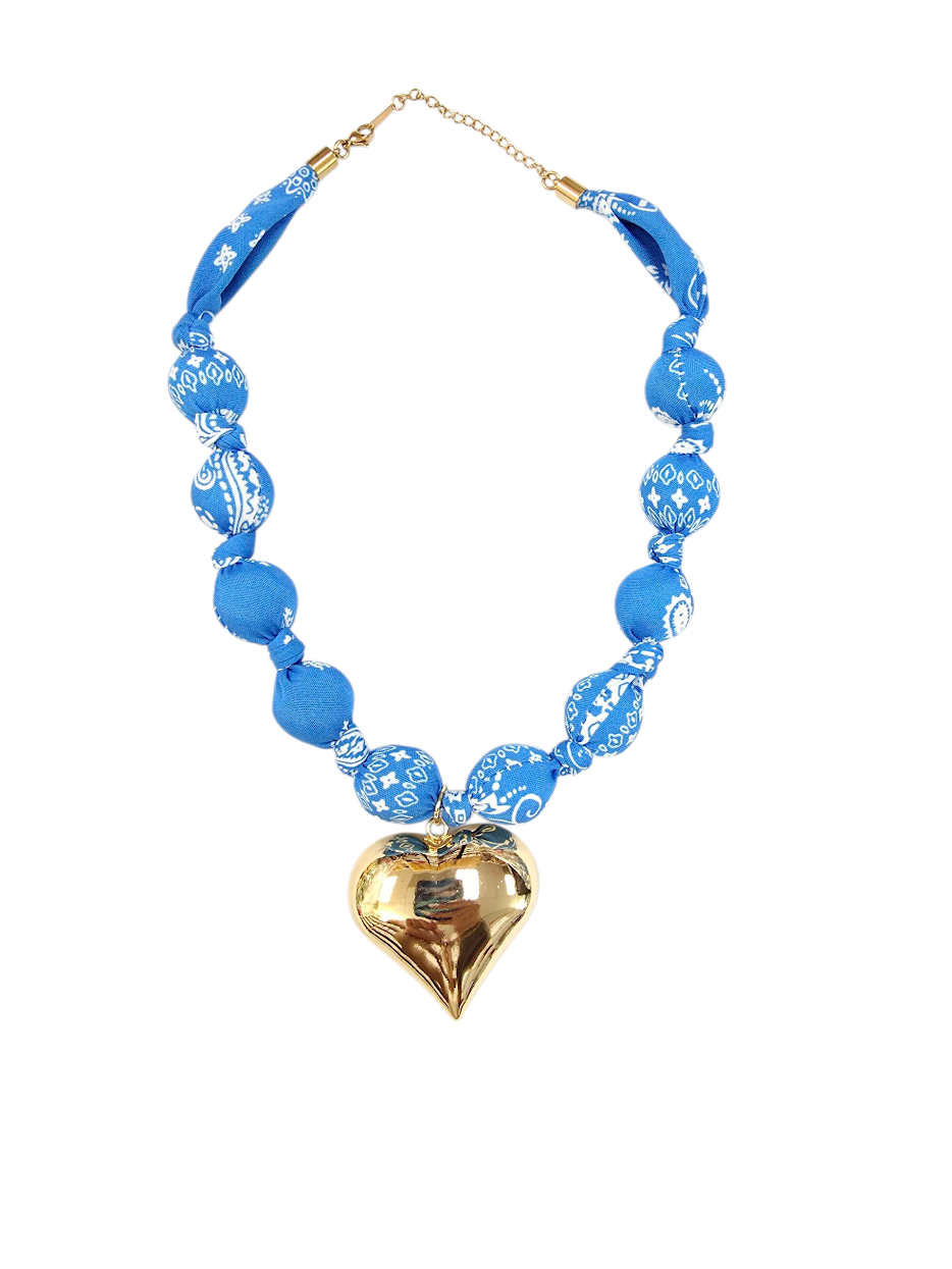 Puffy Gold Heart Cotton Blue Bandanna Scarf Necklace NC-SJ2069