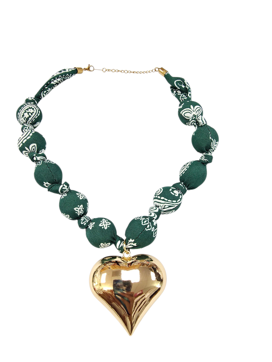 Puffy Gold Heart Cotton Bead Green Bandana Necklace NC-SJ2067