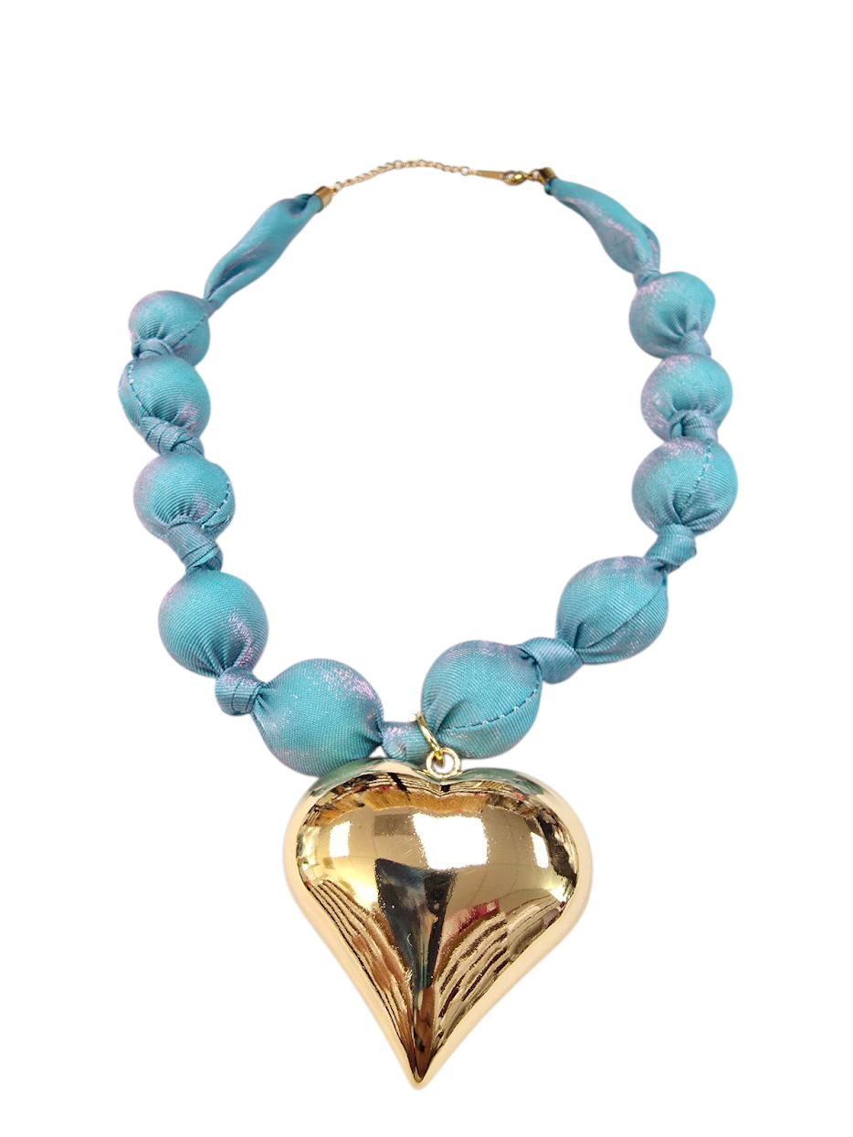 Puffy Gold Heart Cotton Bead Sheer Blue Scarf Necklace NC-SJ2071