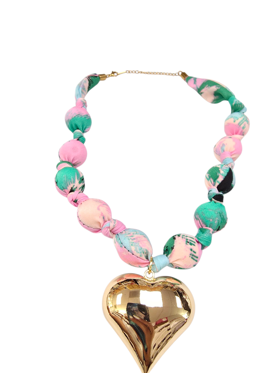 Puffy Gold Heart Cotton Bead Pink Tropical Scarf Necklace NC-SJ2068