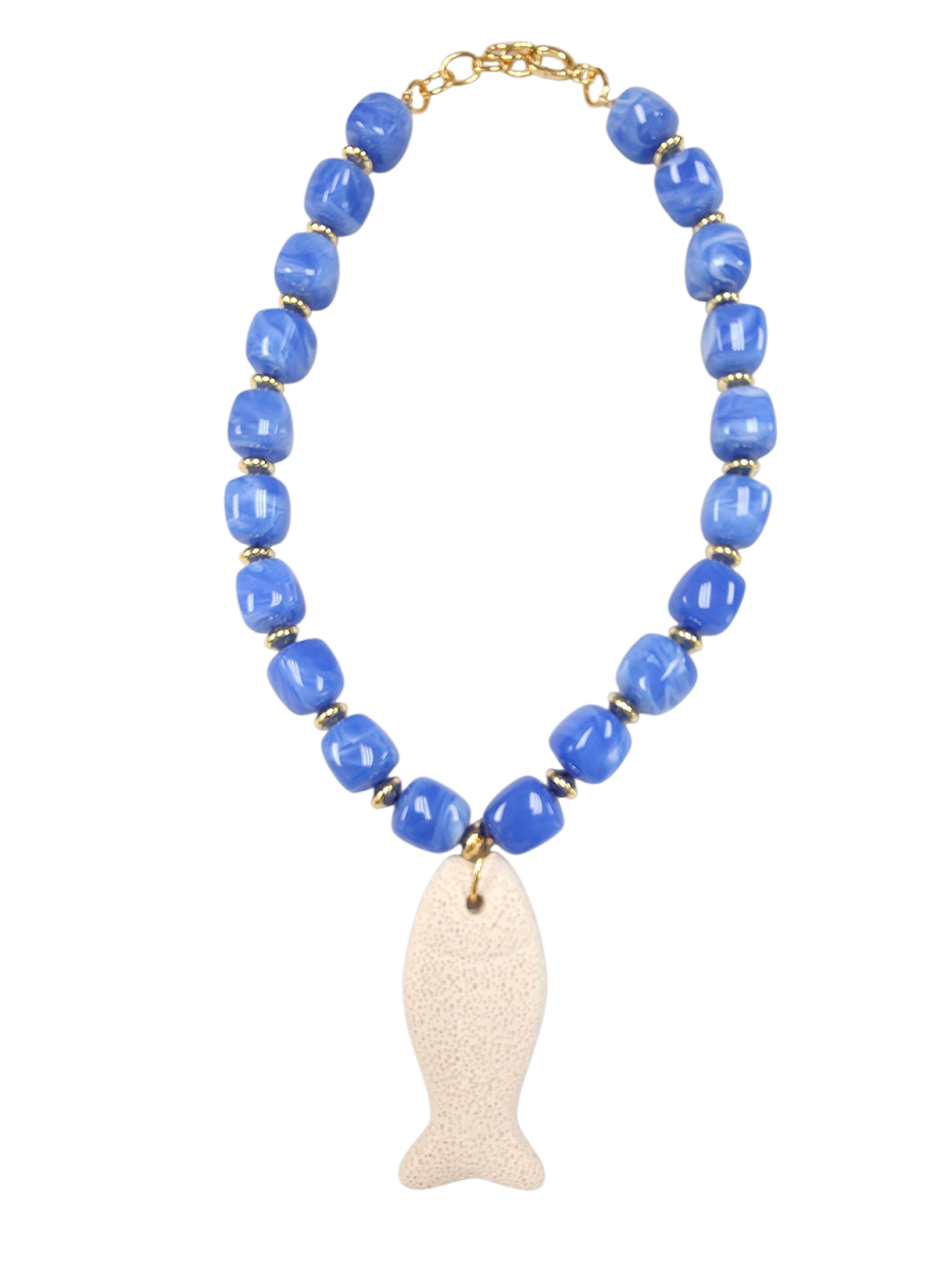 Chunky resin blue beaded necklace with lava stone fish NC-SJ2077