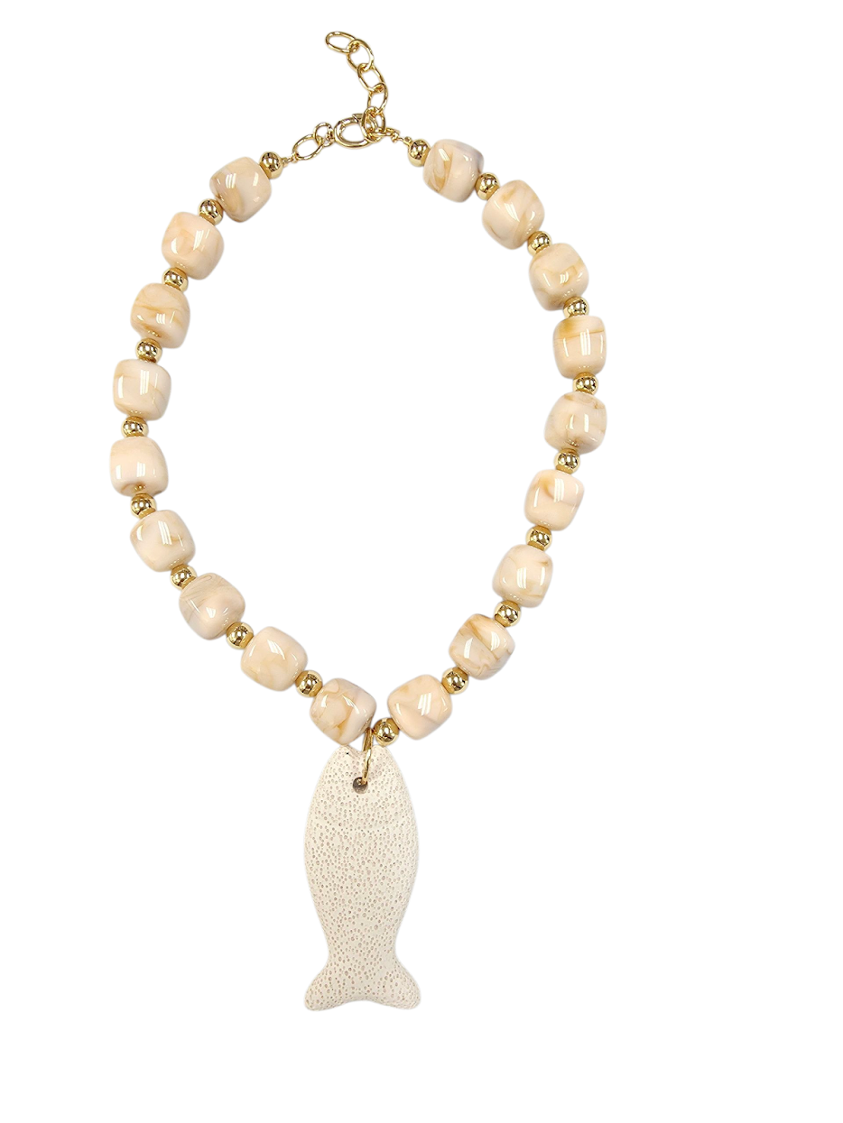 Chunky resin creme color necklace with lava stone fish NC-SJ2076
