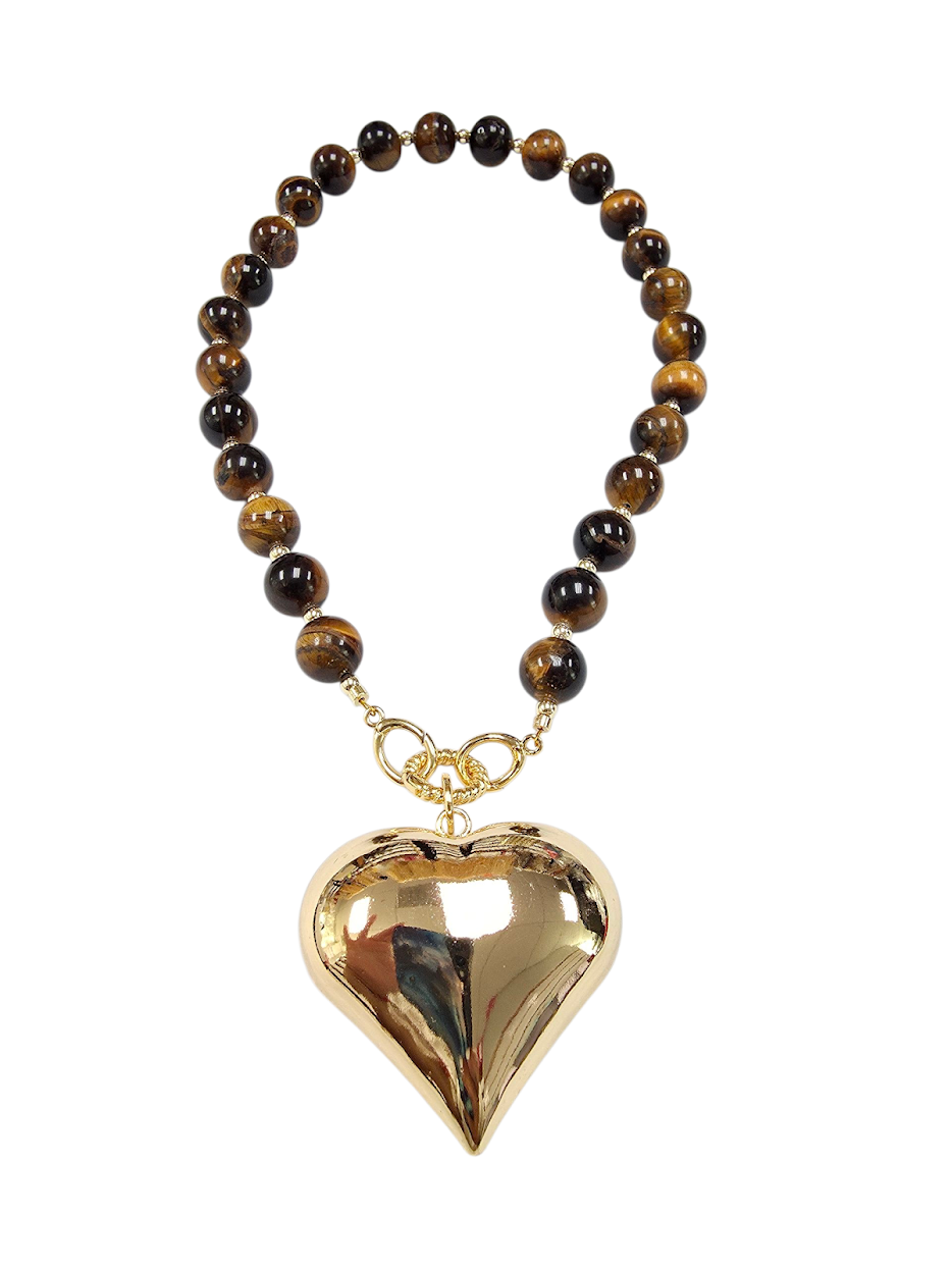 Tigger eye beaded chunky necklace with big gold heart pendant NC-SJ2074