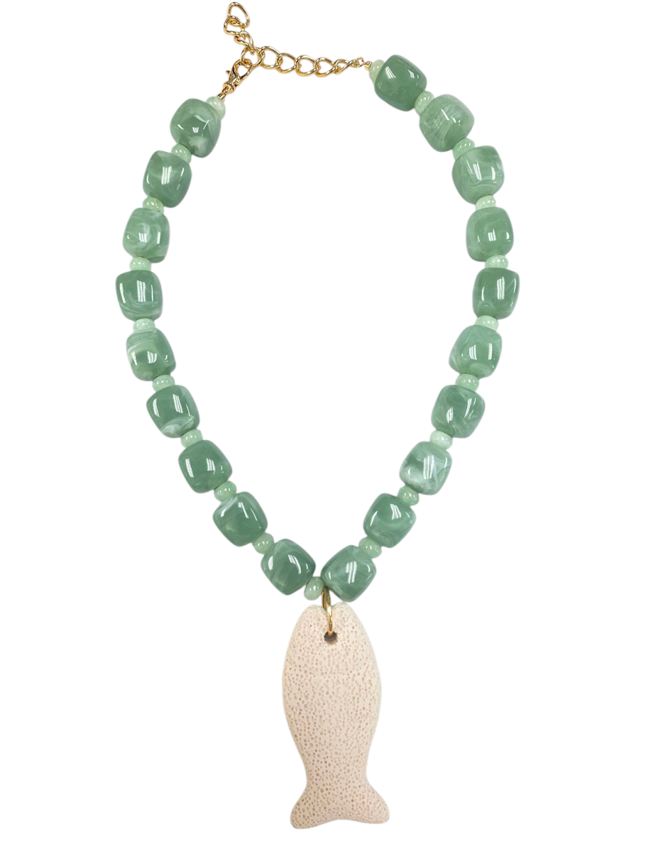 Chunky resin green jade beaded necklace with lava stone fish NC-SJ2078