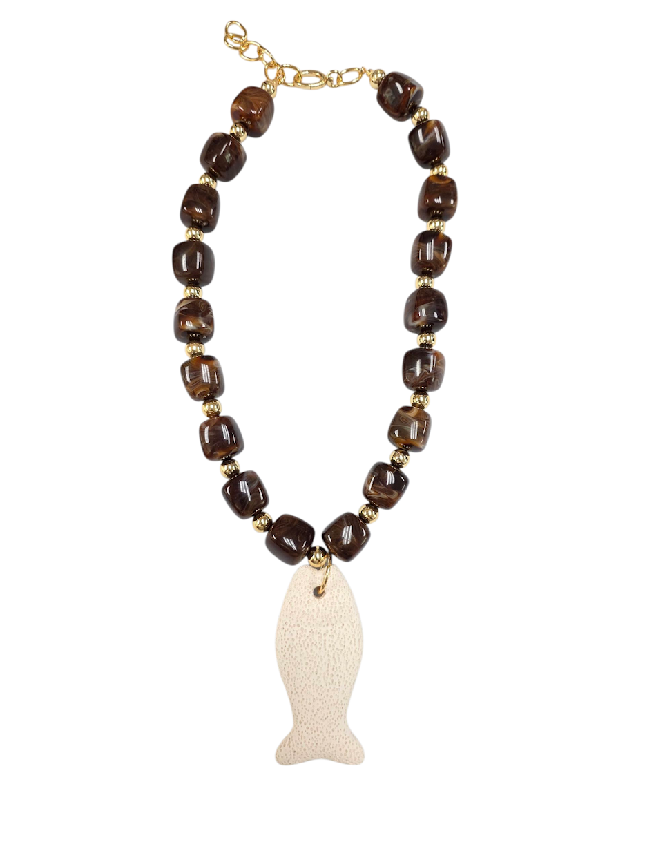 Chunky resin coffee bean brown beaded necklace with lava stone fish NC-SJ2075