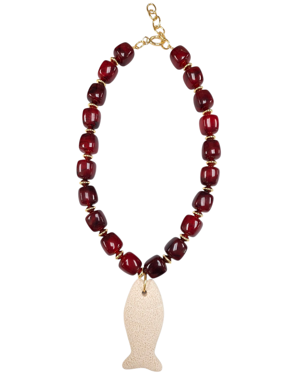 Chunky resin ruby red beaded necklace with lava stone fish NC-SJ2079