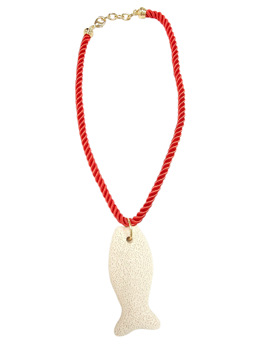 Red twisted cord necklace with fish lava stone pendant NC-SJ2080