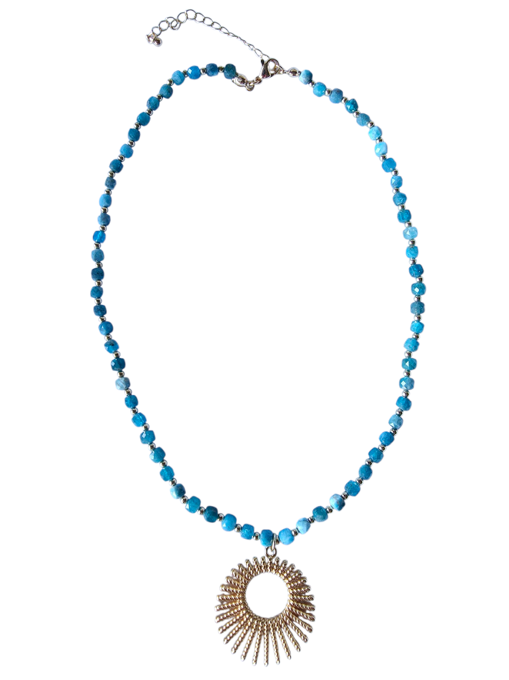 Blue Apatite Multifaceted Cube Gemstone w. Gold Bead Choker Gold Sun Necklace NC-SJ2121