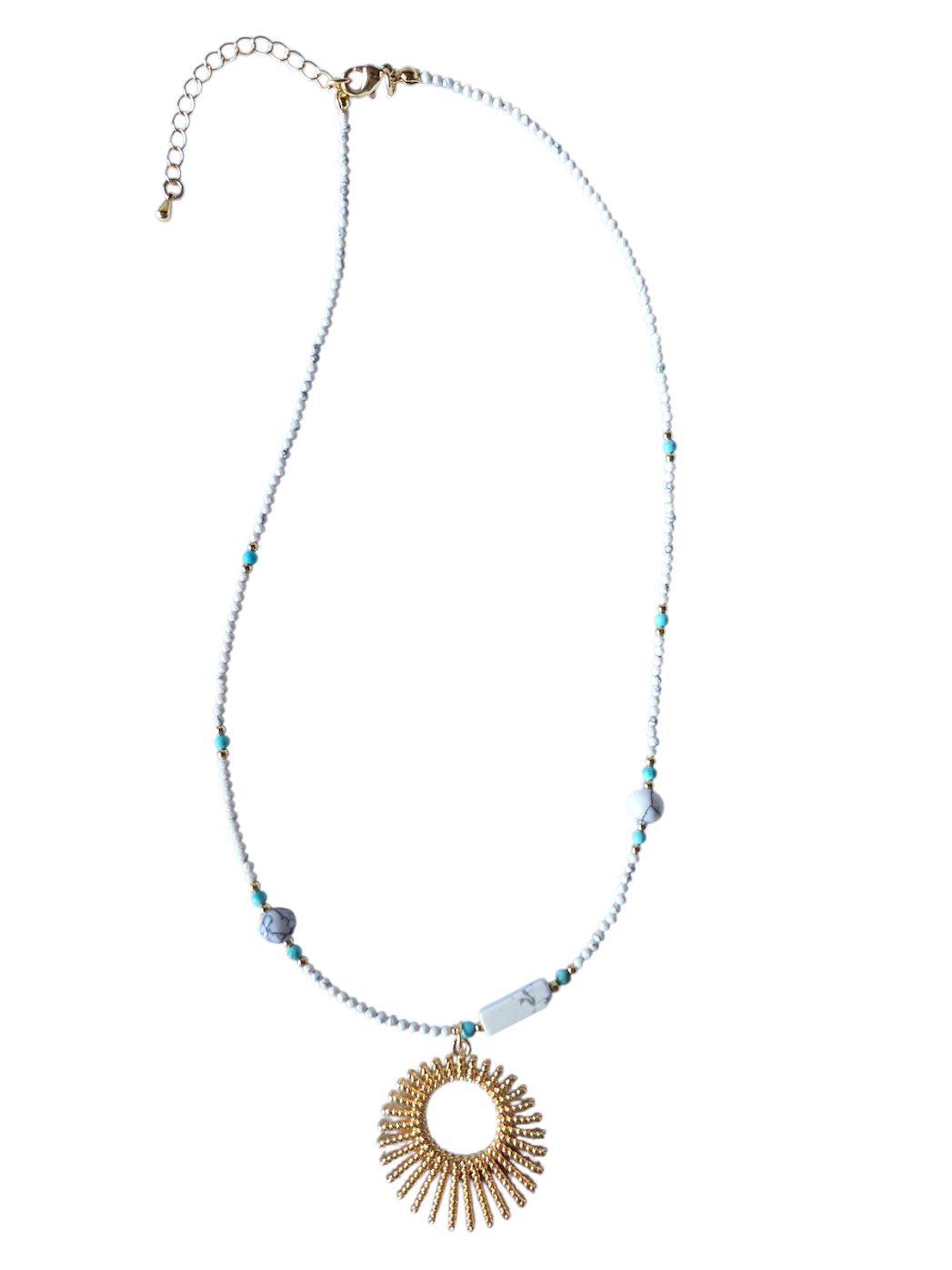White Multifaceted Gemstone Bead 17 Inch Gold Sun Charm Necklace NC-SJ2118