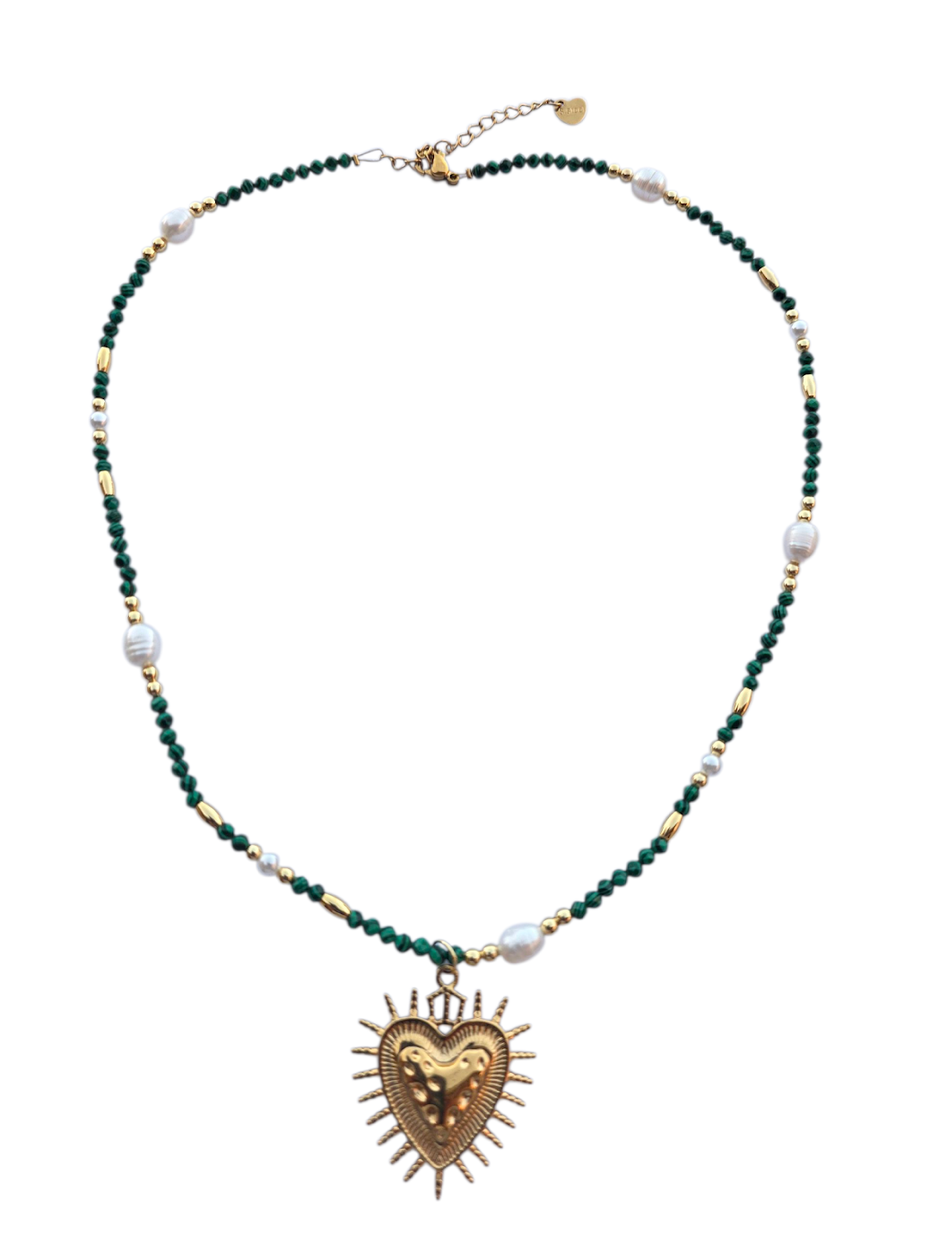 Green Malachite Beaded Chain Necklace with Freshwater Pearl 17.91 Inch with Extender NC-SJ2111