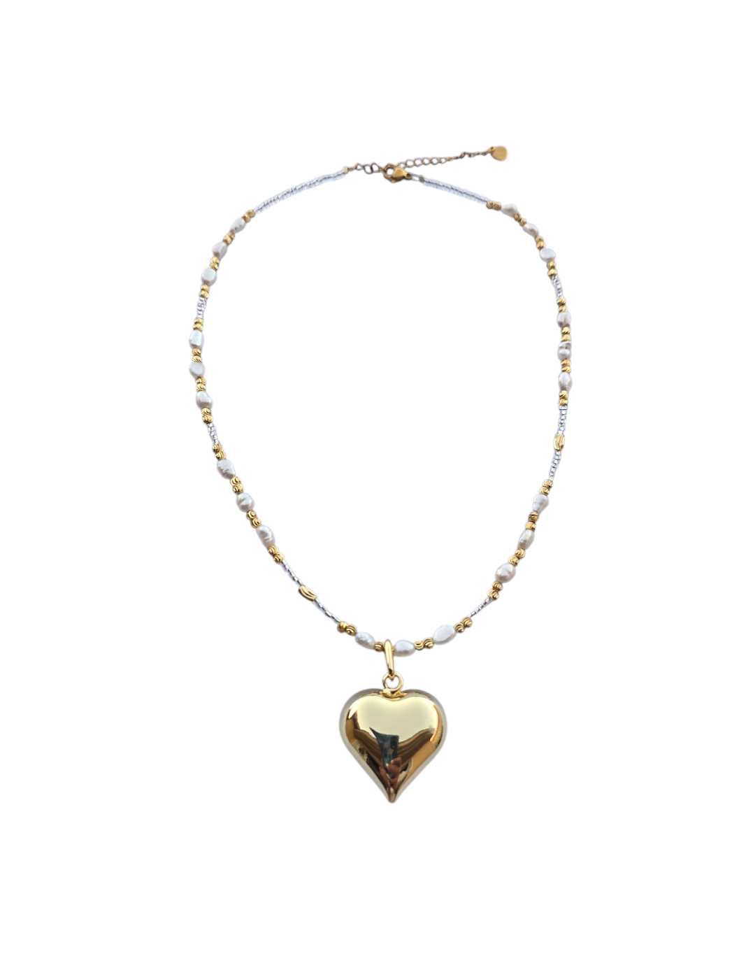 Bead Chain Necklace with Mother of Pearl Puffy Heart 15.55 Inch with Extender NC-SJ2117