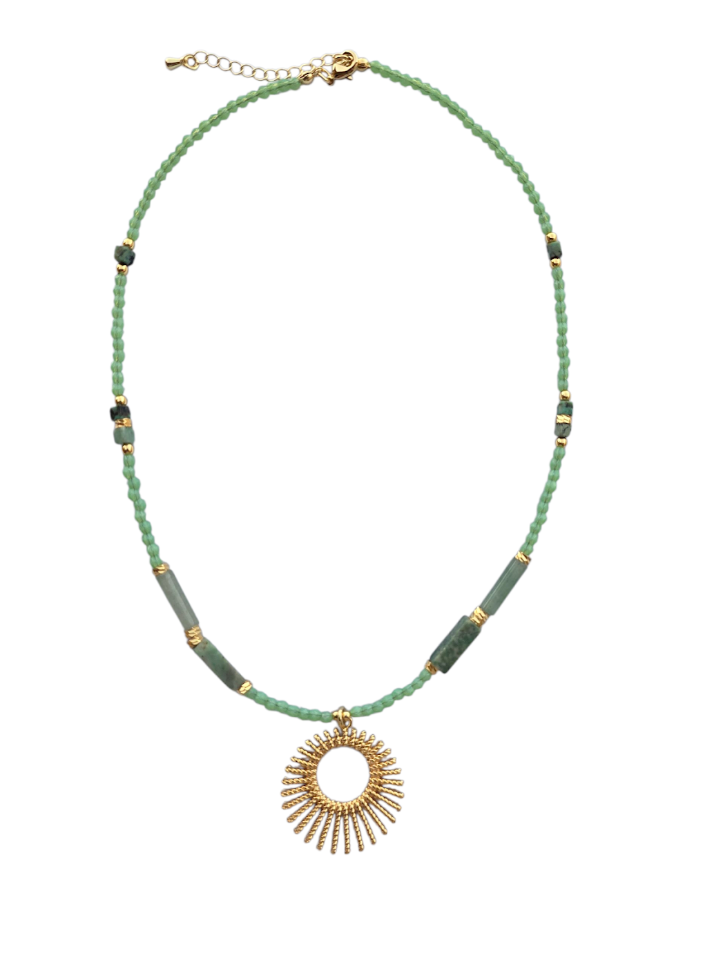 Green Malachite Gemstone Bead Gold Sun 17 Inch Necklace NC-SJ2120